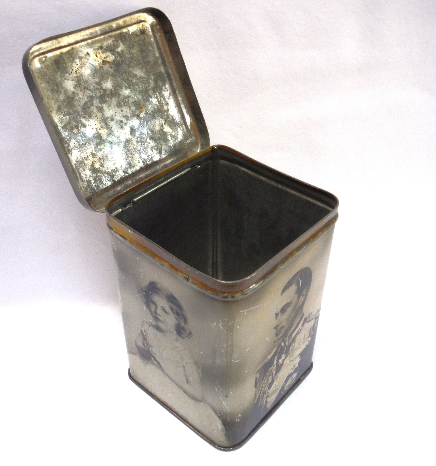 KING GEORGE VI, Queen Mother, Princess Elizabeth and Margaret: Vintage Tall Tin Tea Caddy by E.I. & Co. Ltd of Shipley York!