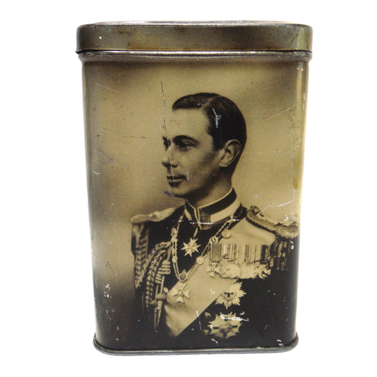 KING GEORGE VI, Queen Mother, Princess Elizabeth and Margaret: Vintage Tall Tin Tea Caddy by E.I. & Co. Ltd of Shipley York!