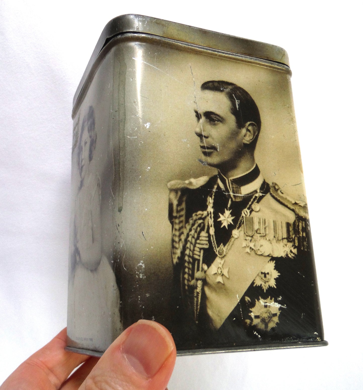 KING GEORGE VI, Queen Mother, Princess Elizabeth and Margaret: Vintage Tall Tin Tea Caddy by E.I. & Co. Ltd of Shipley York!