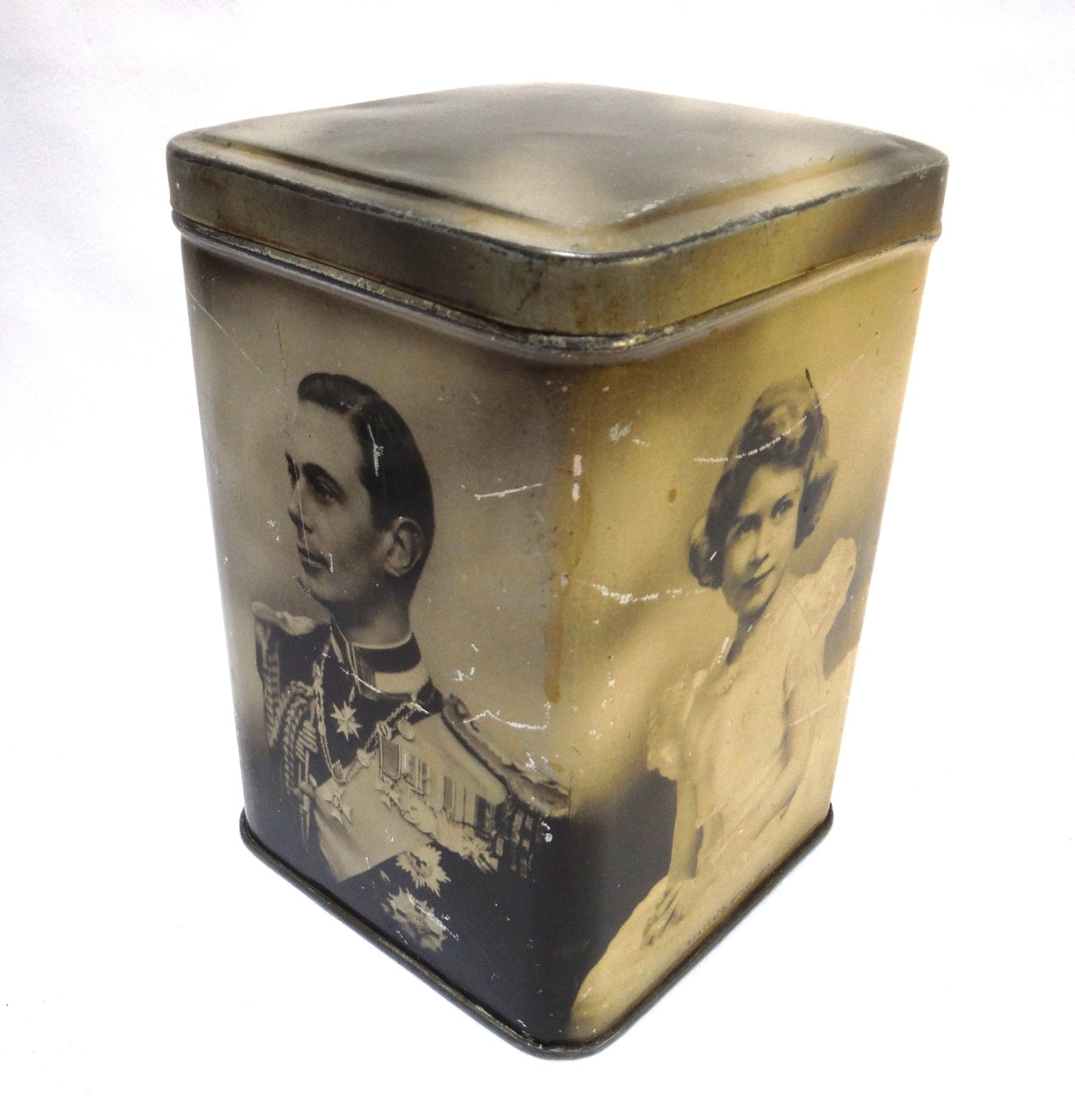 KING GEORGE VI, Queen Mother, Princess Elizabeth and Margaret: Vintage Tall Tin Tea Caddy by E.I. & Co. Ltd of Shipley York!