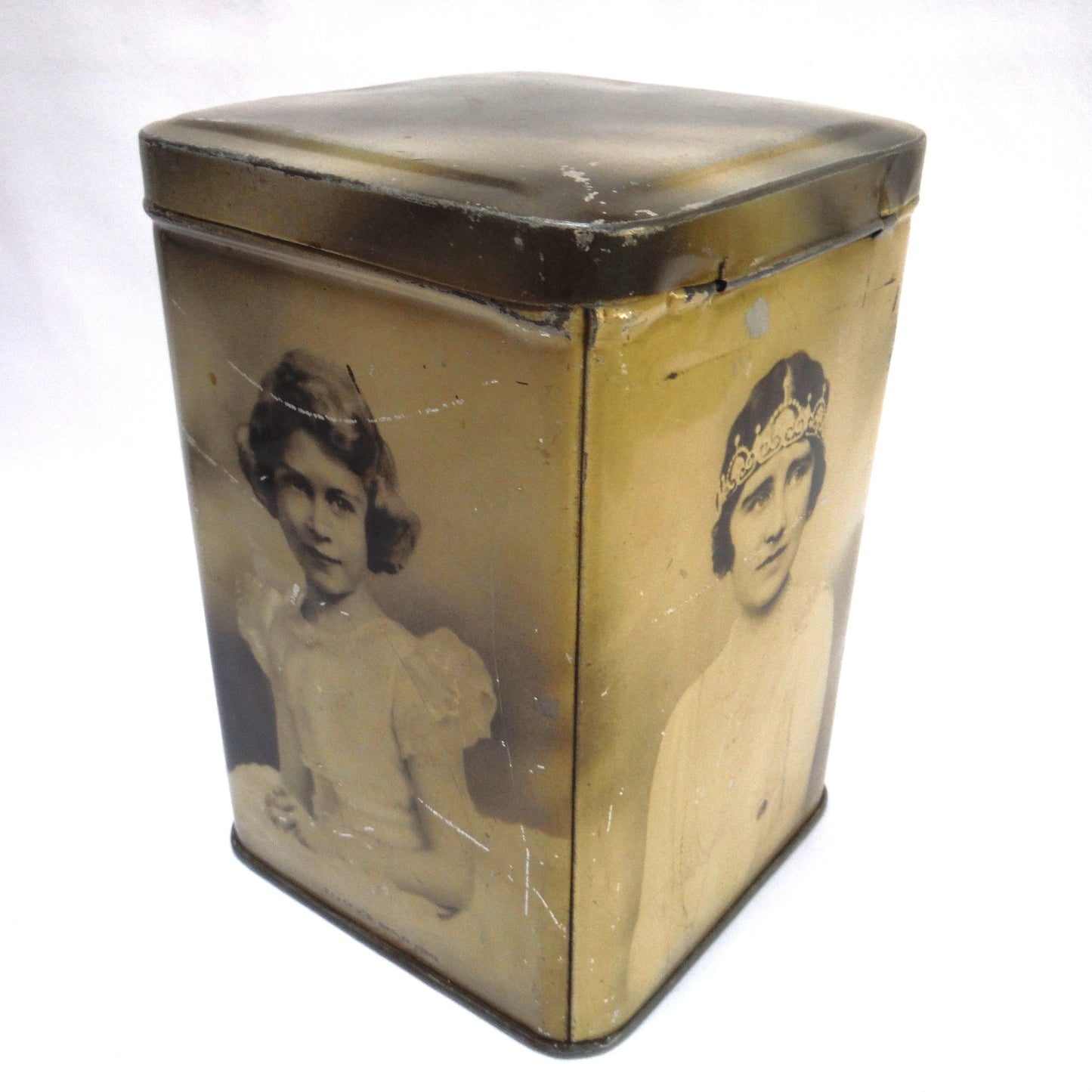 KING GEORGE VI, Queen Mother, Princess Elizabeth and Margaret: Vintage Tall Tin Tea Caddy by E.I. & Co. Ltd of Shipley York!