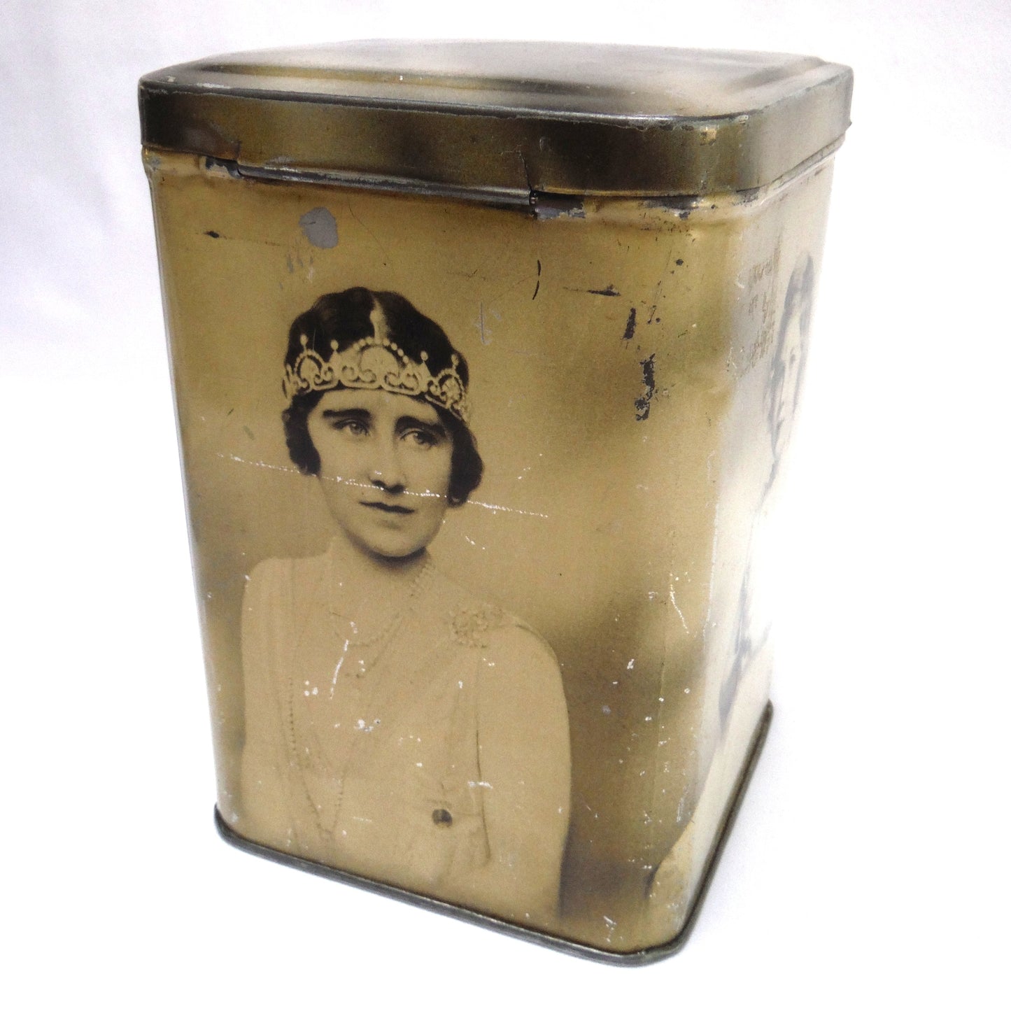 KING GEORGE VI, Queen Mother, Princess Elizabeth and Margaret: Vintage Tall Tin Tea Caddy by E.I. & Co. Ltd of Shipley York!
