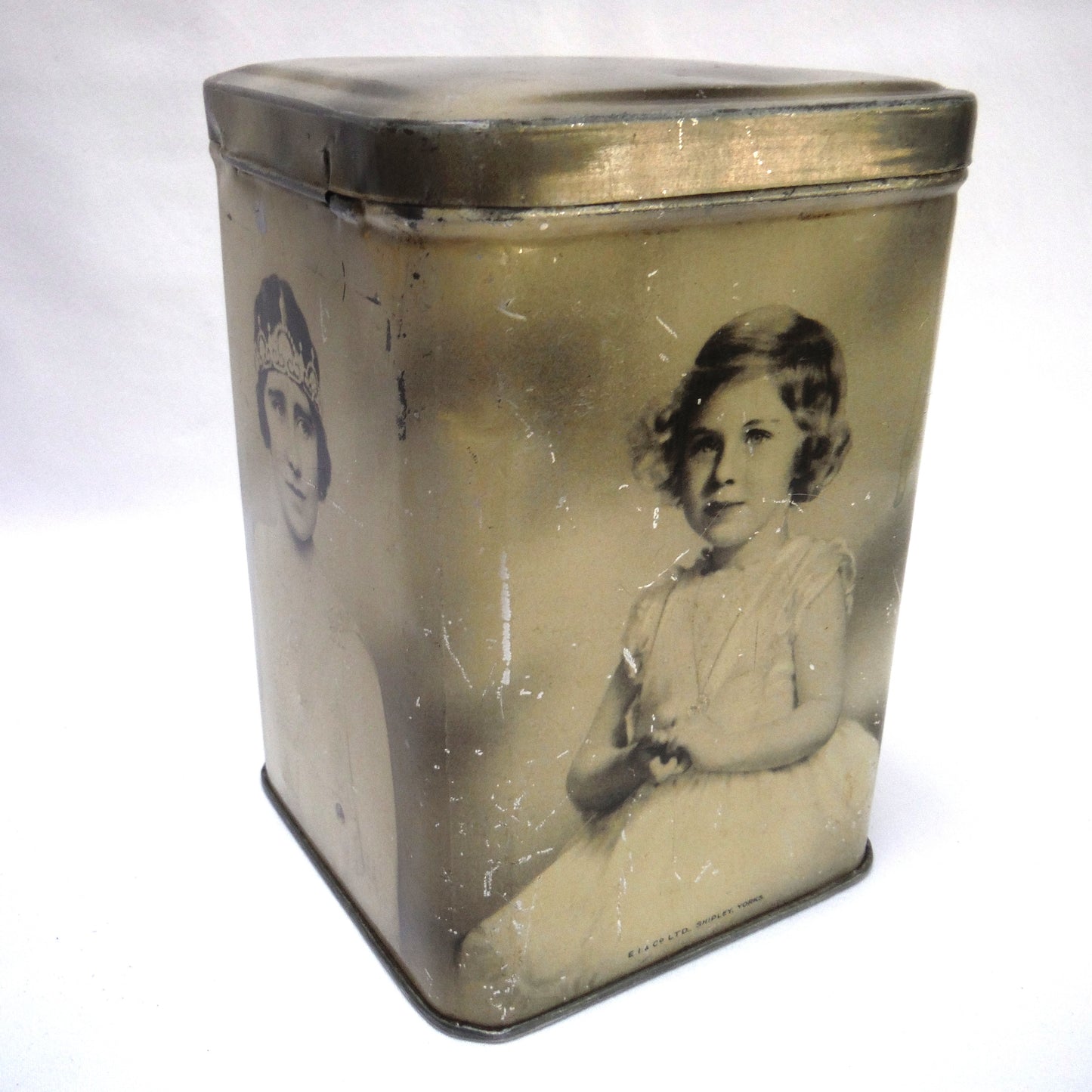 KING GEORGE VI, Queen Mother, Princess Elizabeth and Margaret: Vintage Tall Tin Tea Caddy by E.I. & Co. Ltd of Shipley York!
