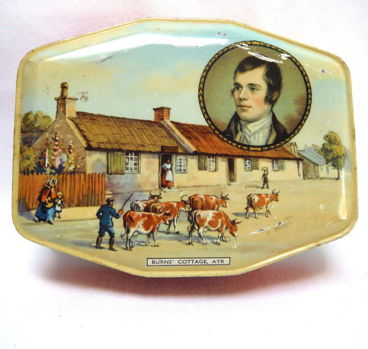Antique Tin Container by Horner & Company, Featuring ROBBIE BURNS COTTAGE in Ayr, Scotland