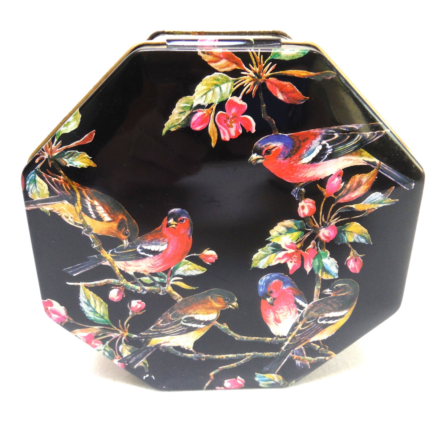 Vintage 70's Funky Octagon Tin Tea Container from England: 'CHICKADEES AND CHERRIES'
