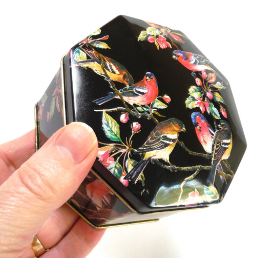 Vintage 70's Funky Octagon Tin Tea Container from England: 'CHICKADEES AND CHERRIES'