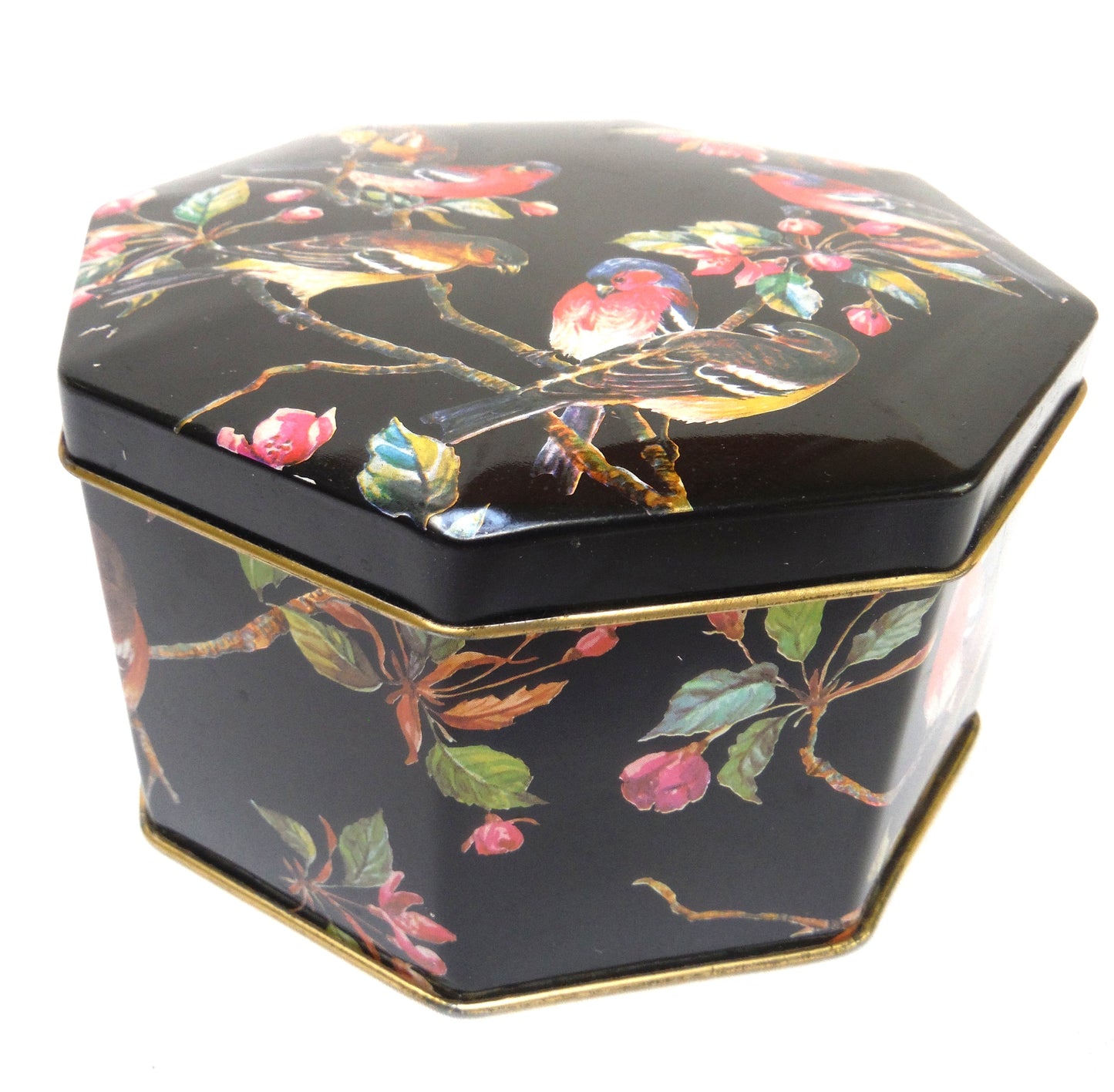 Vintage 70's Funky Octagon Tin Tea Container from England: 'CHICKADEES AND CHERRIES'