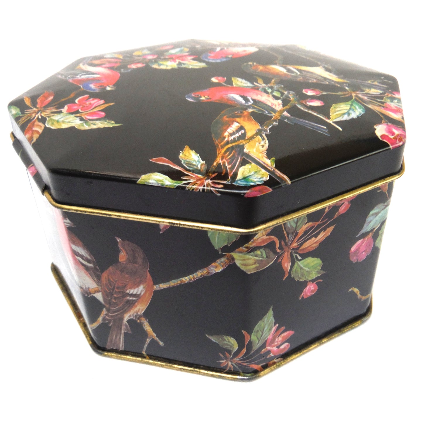 Vintage 70's Funky Octagon Tin Tea Container from England: 'CHICKADEES AND CHERRIES'