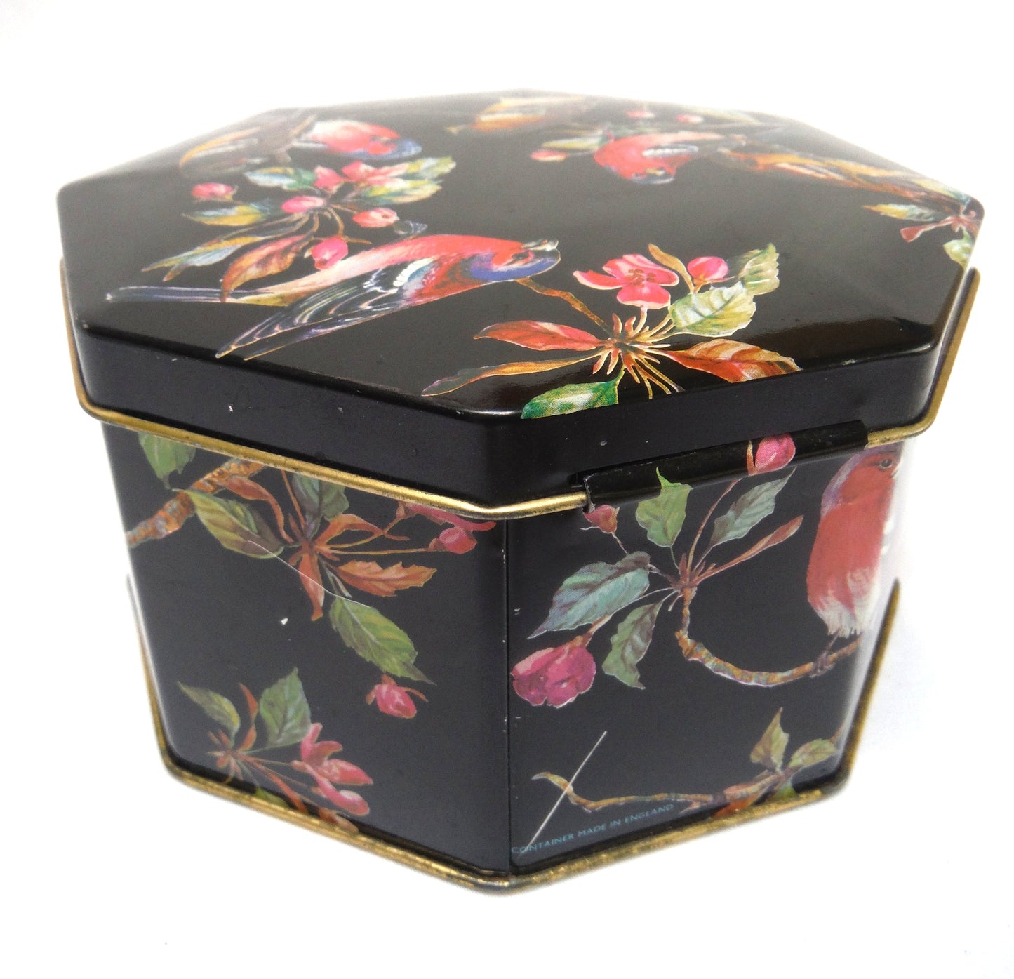 Vintage 70's Funky Octagon Tin Tea Container from England: 'CHICKADEES AND CHERRIES'