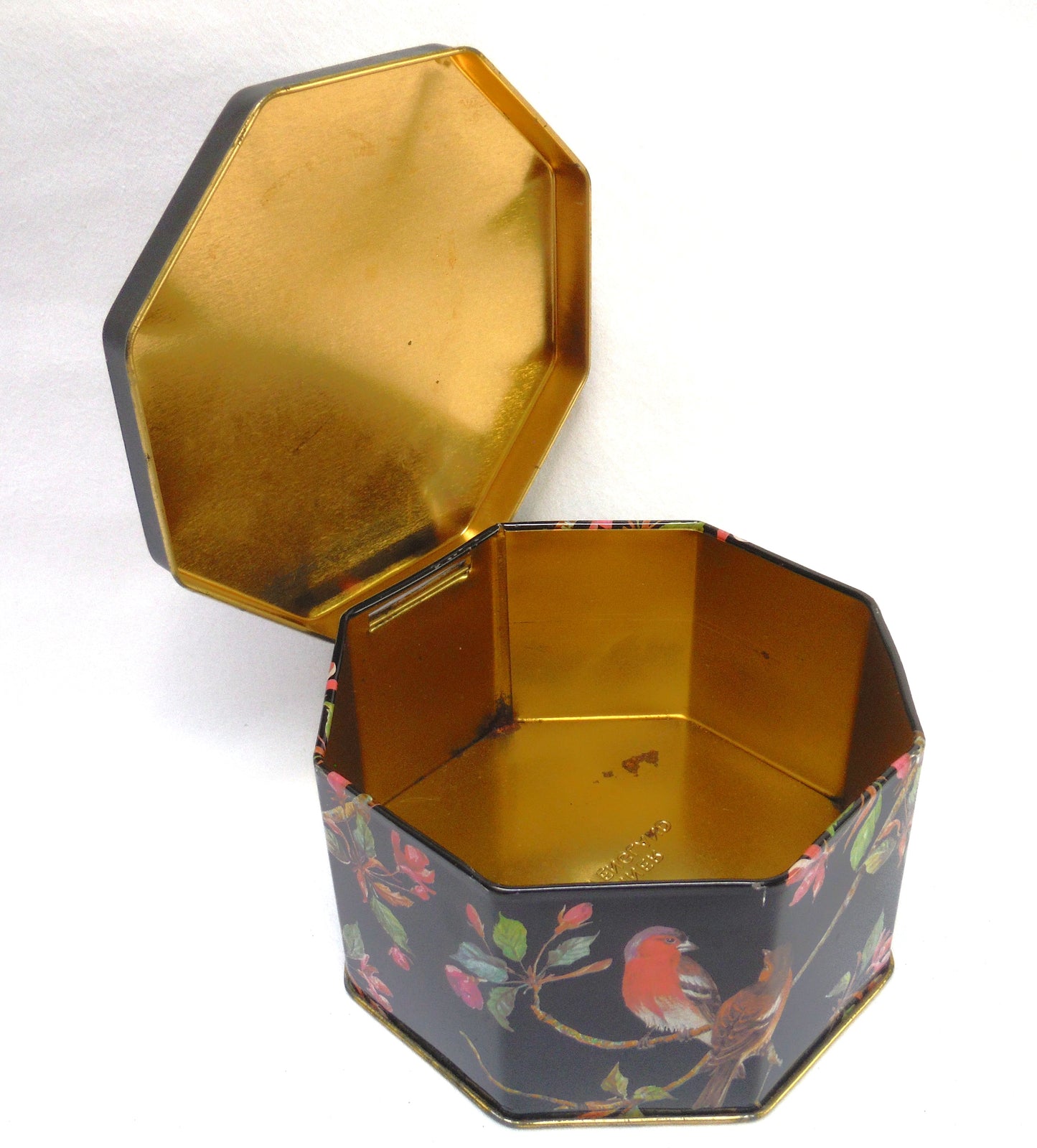Vintage 70's Funky Octagon Tin Tea Container from England: 'CHICKADEES AND CHERRIES'