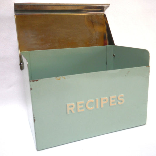 Mid-Century-Modern "RECIPES" Box, in RARE Heritage Lime Green with Stainless Steel Lid