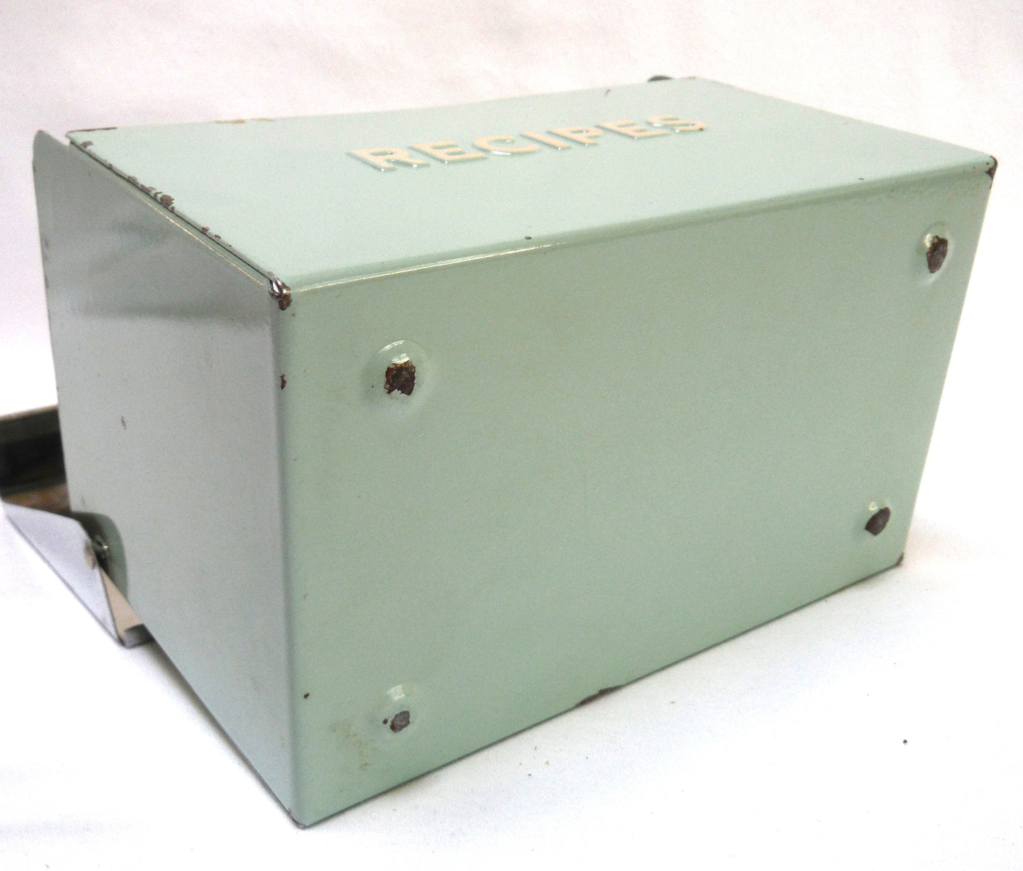 Mid-Century-Modern "RECIPES" Box, in RARE Heritage Lime Green with Stainless Steel Lid