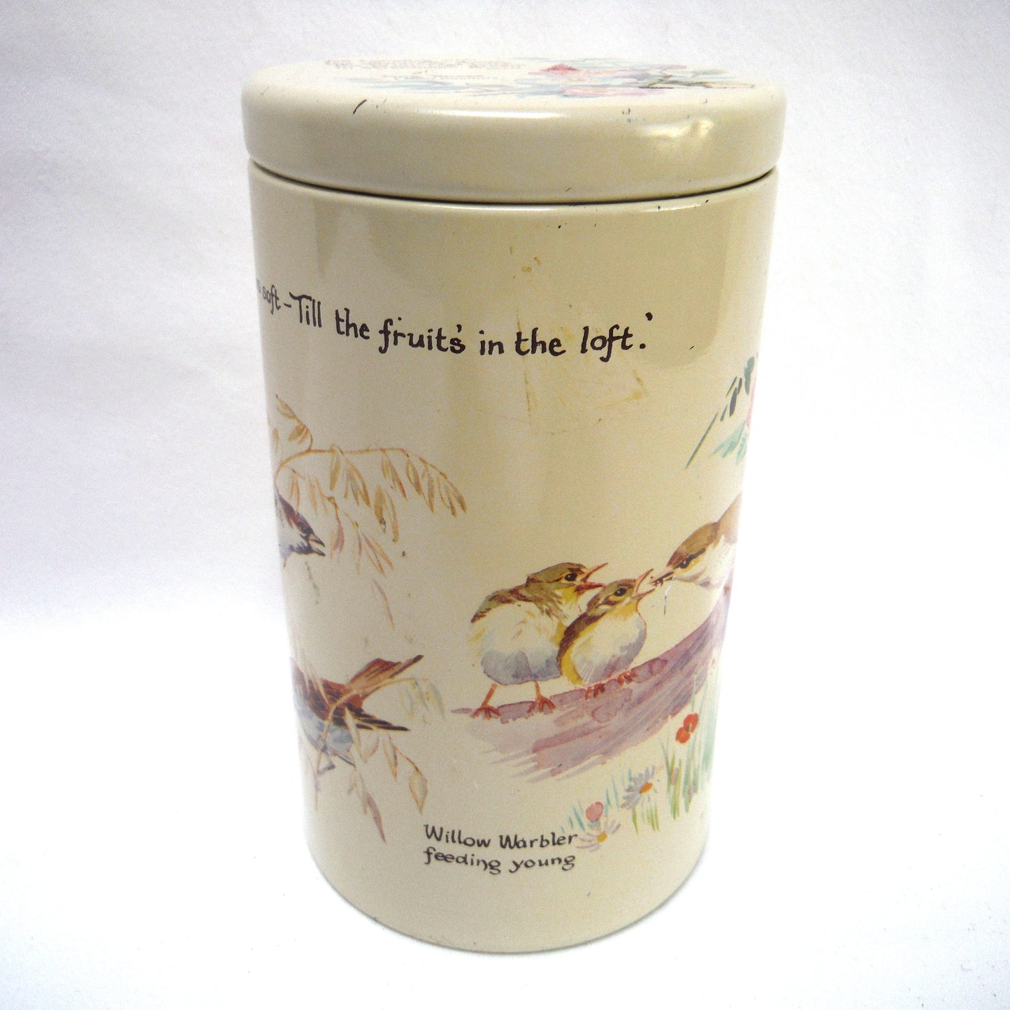 Vintage 1977 Round TEA TIN CADDY by Richard Webb of England: "BIRDS, BIRDS, BIRDS"