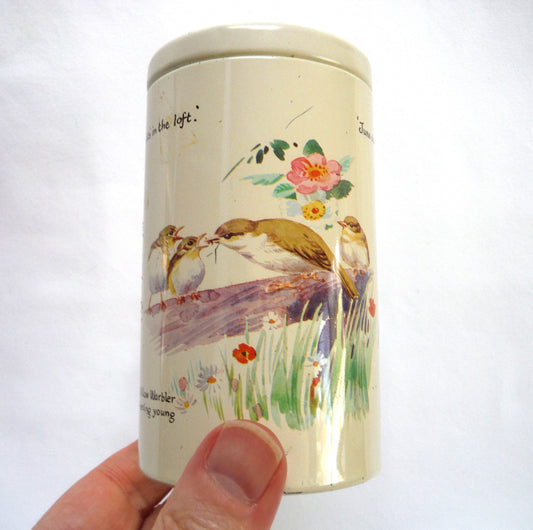Vintage 1977 Round TEA TIN CADDY by Richard Webb of England: "BIRDS, BIRDS, BIRDS"