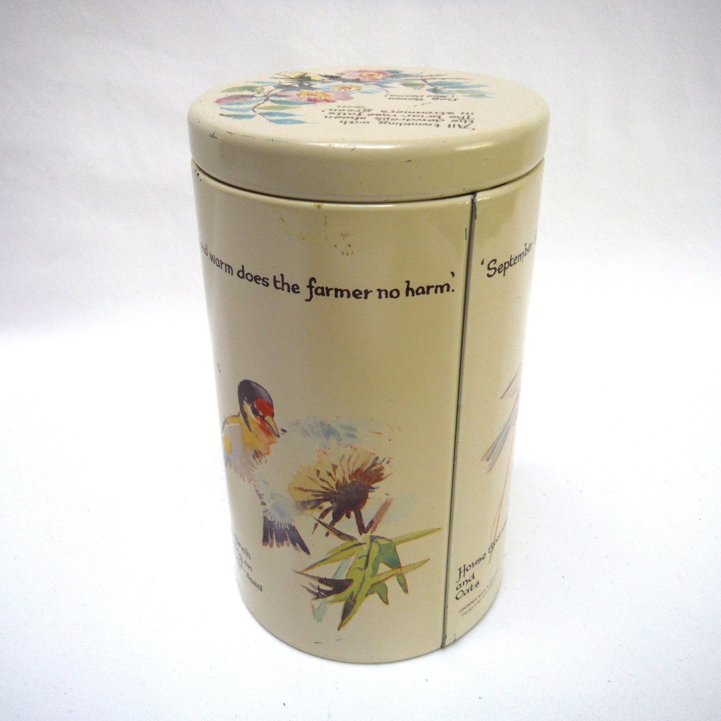 Vintage 1977 Round TEA TIN CADDY by Richard Webb of England: "BIRDS, BIRDS, BIRDS"
