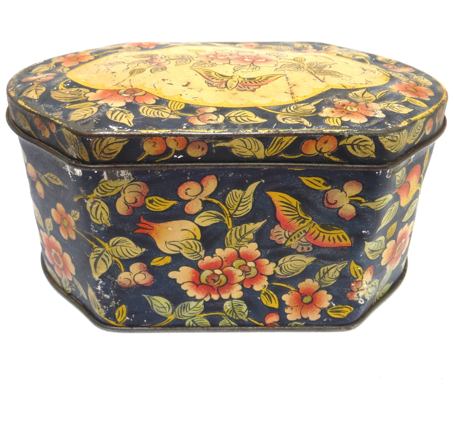 ANTIQUE 'BEAT-UP' ENGLISH TIN TEA CONTAINER: Butterfly on a Paisley Flower