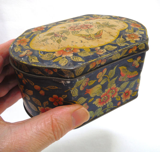 ANTIQUE 'BEAT-UP' ENGLISH TIN TEA CONTAINER: Butterfly on a Paisley Flower