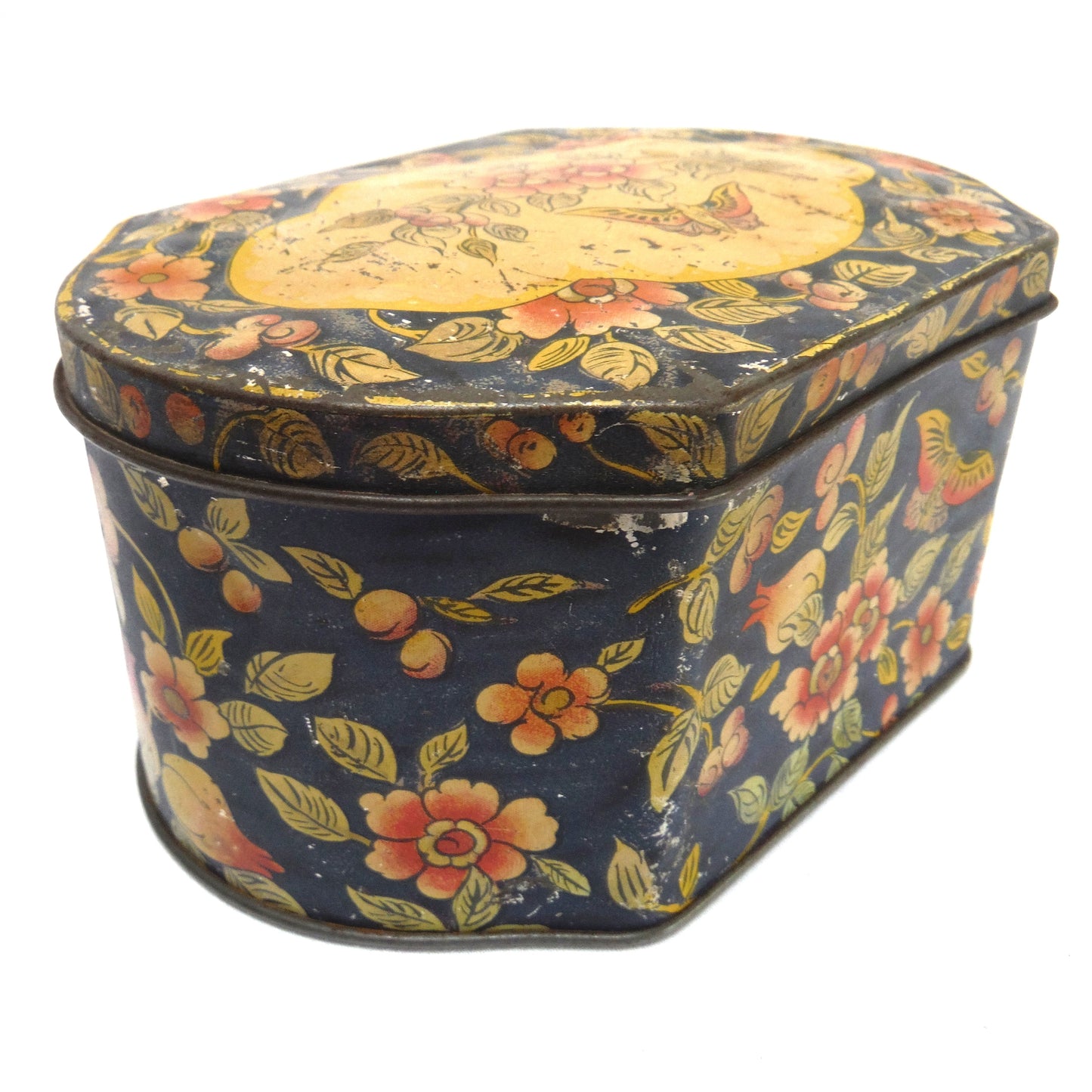 ANTIQUE 'BEAT-UP' ENGLISH TIN TEA CONTAINER: Butterfly on a Paisley Flower
