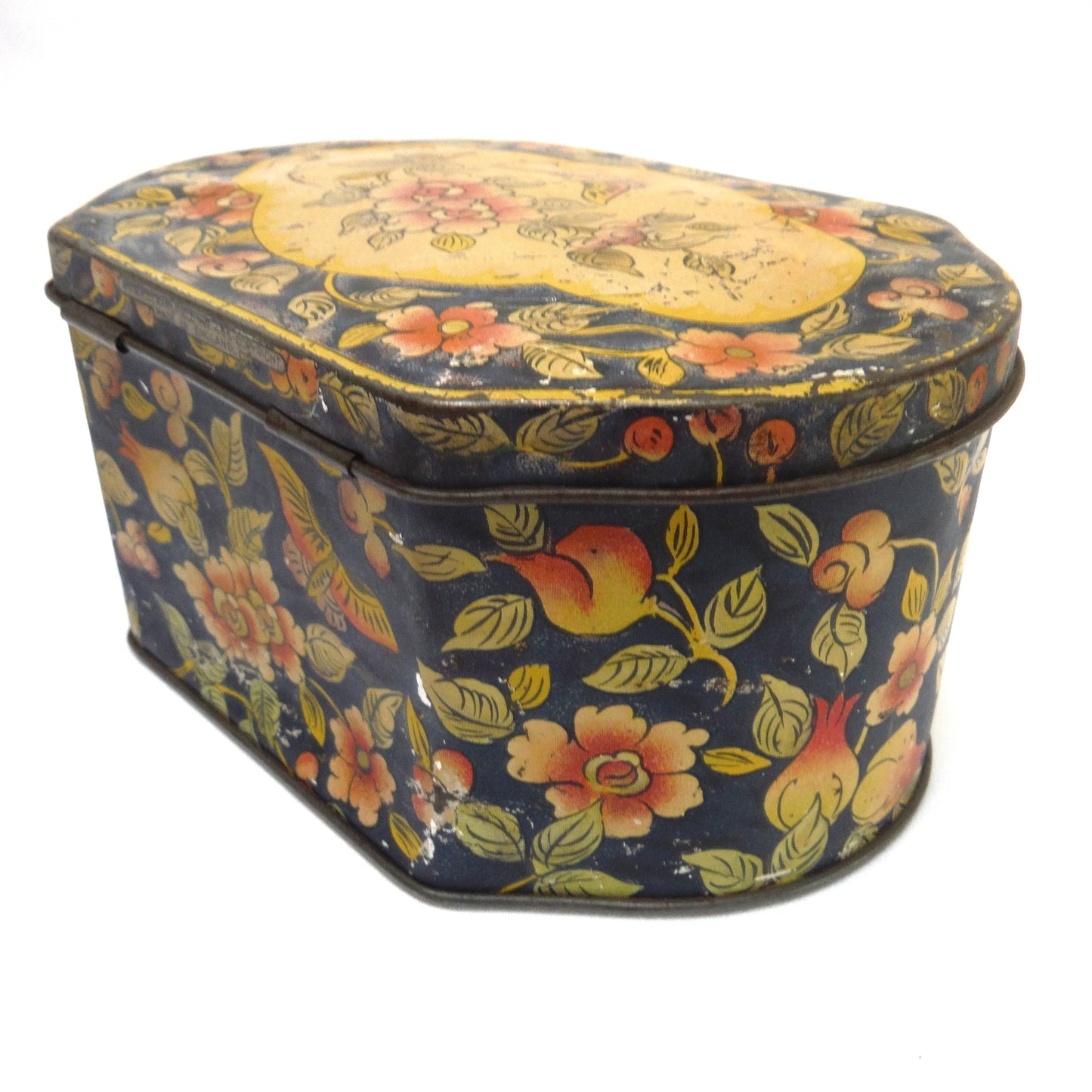 ANTIQUE 'BEAT-UP' ENGLISH TIN TEA CONTAINER: Butterfly on a Paisley Flower