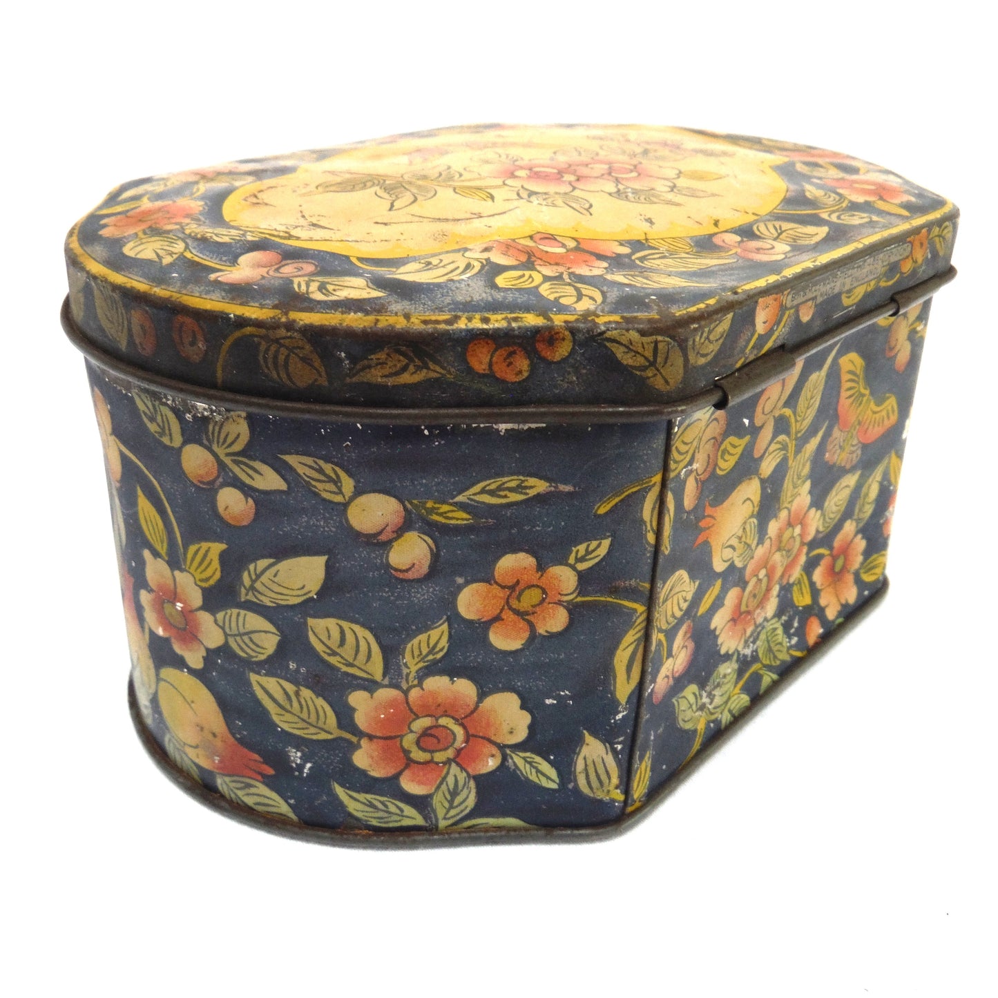 ANTIQUE 'BEAT-UP' ENGLISH TIN TEA CONTAINER: Butterfly on a Paisley Flower