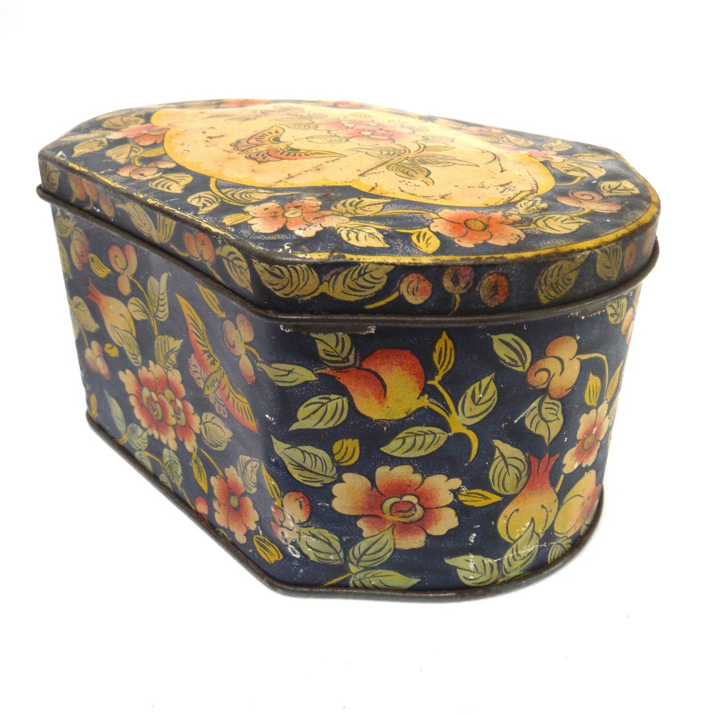 ANTIQUE 'BEAT-UP' ENGLISH TIN TEA CONTAINER: Butterfly on a Paisley Flower