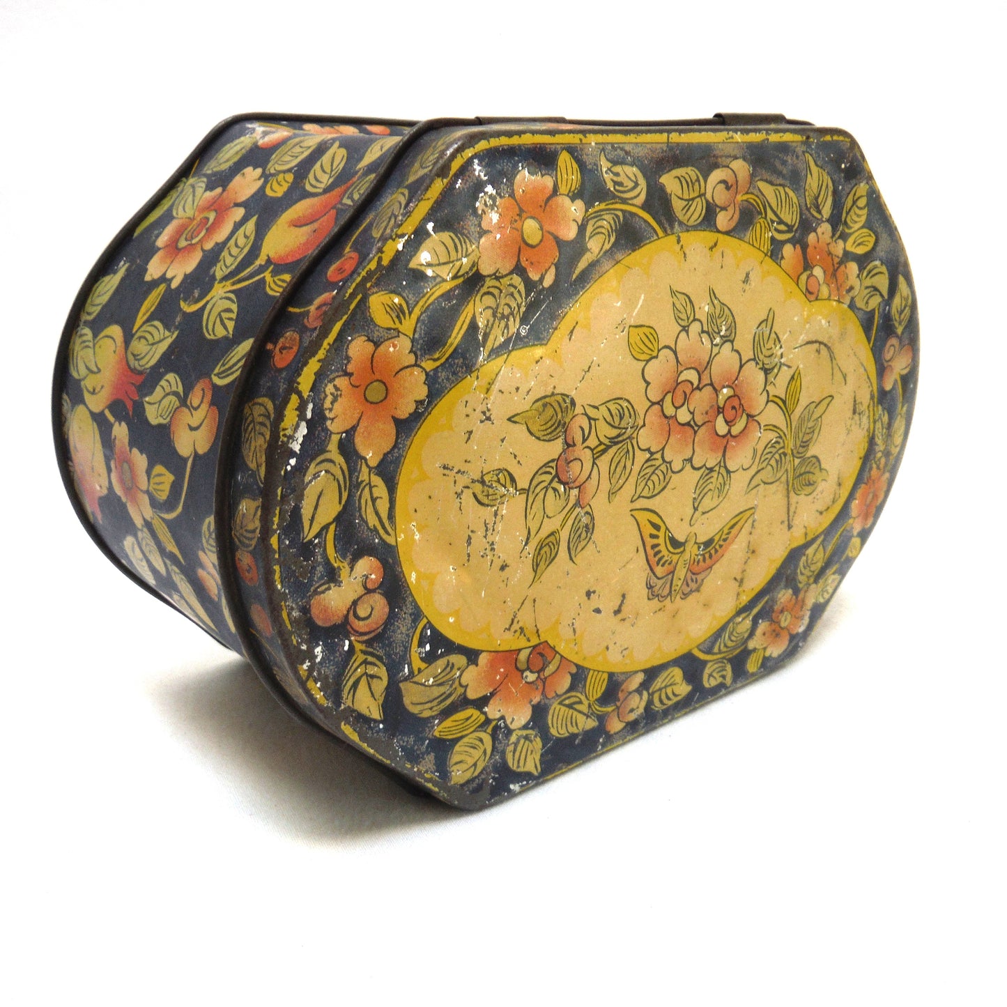 ANTIQUE 'BEAT-UP' ENGLISH TIN TEA CONTAINER: Butterfly on a Paisley Flower