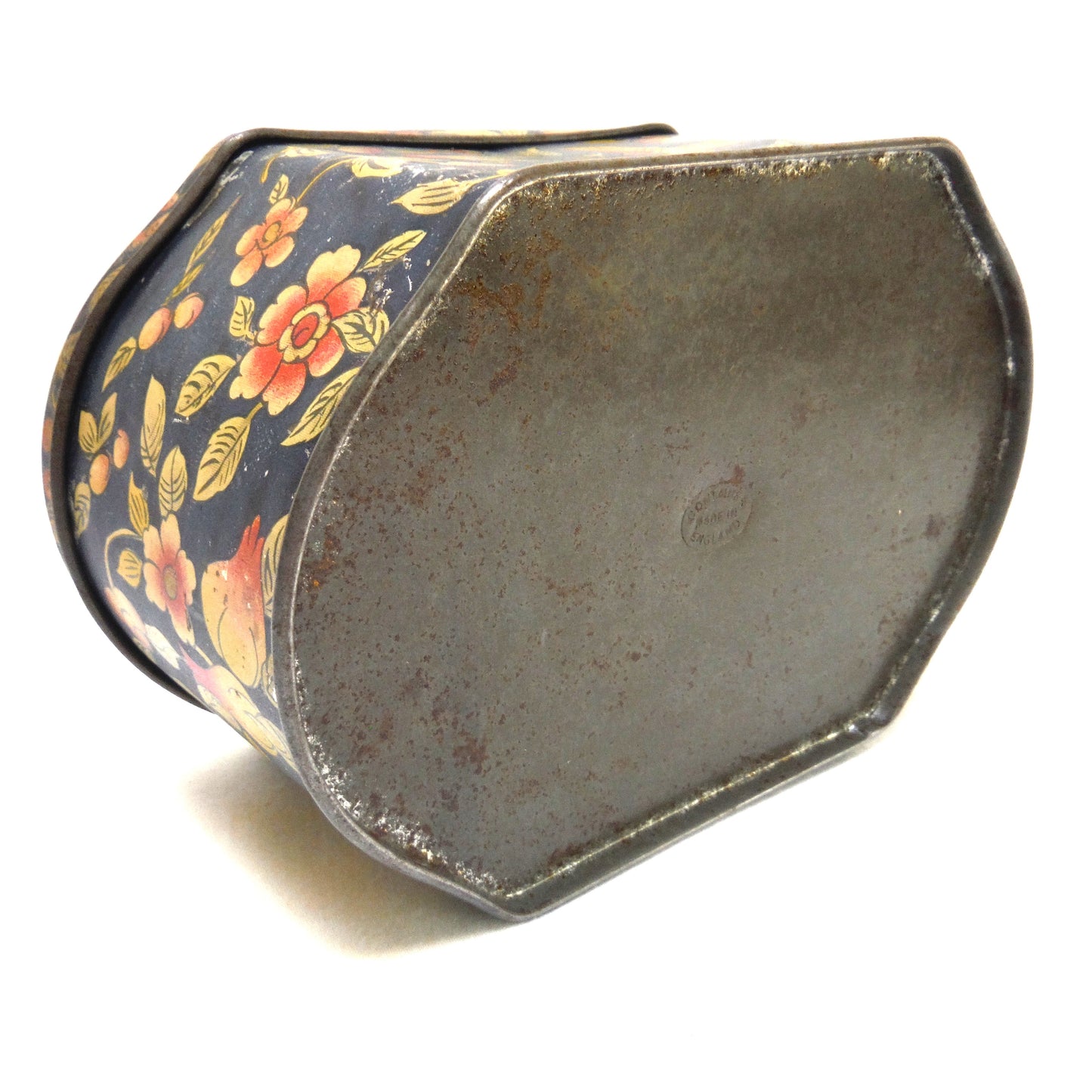 ANTIQUE 'BEAT-UP' ENGLISH TIN TEA CONTAINER: Butterfly on a Paisley Flower