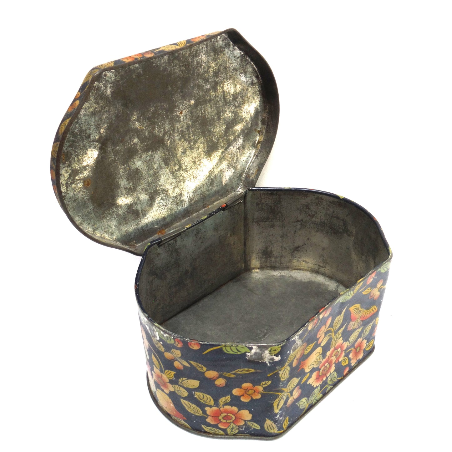 ANTIQUE 'BEAT-UP' ENGLISH TIN TEA CONTAINER: Butterfly on a Paisley Flower