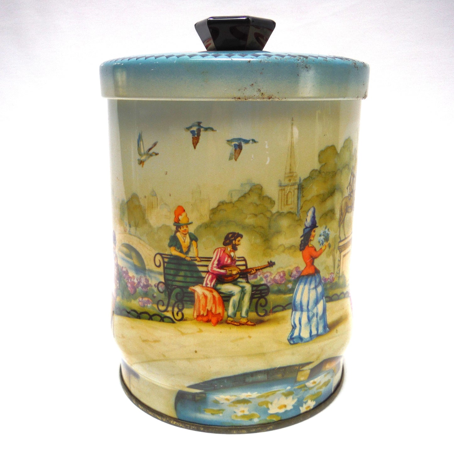 VINTAGE HORSE DRAWN CARRIAGE TEA CADDY TIN: 'The Gay Nineties' by Riley's Toffee of Halifax, England