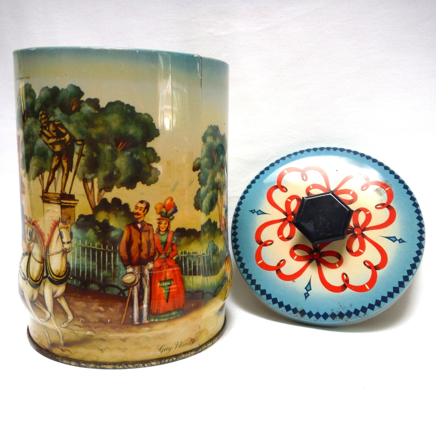 VINTAGE HORSE DRAWN CARRIAGE TEA CADDY TIN: 'The Gay Nineties' by Riley's Toffee of Halifax, England