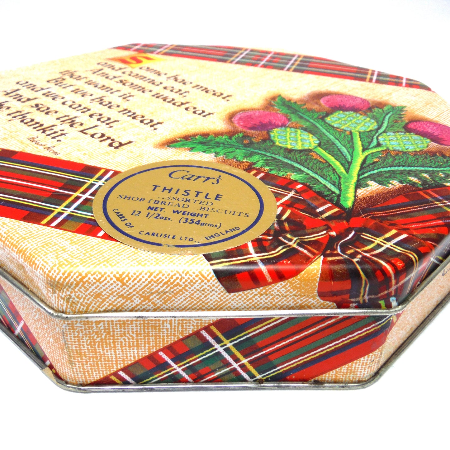 CARR'S THISTLE SHORTBREAD BISCUIT TIN, with Robert Burns Poem "Some hae meat and canna eat..."