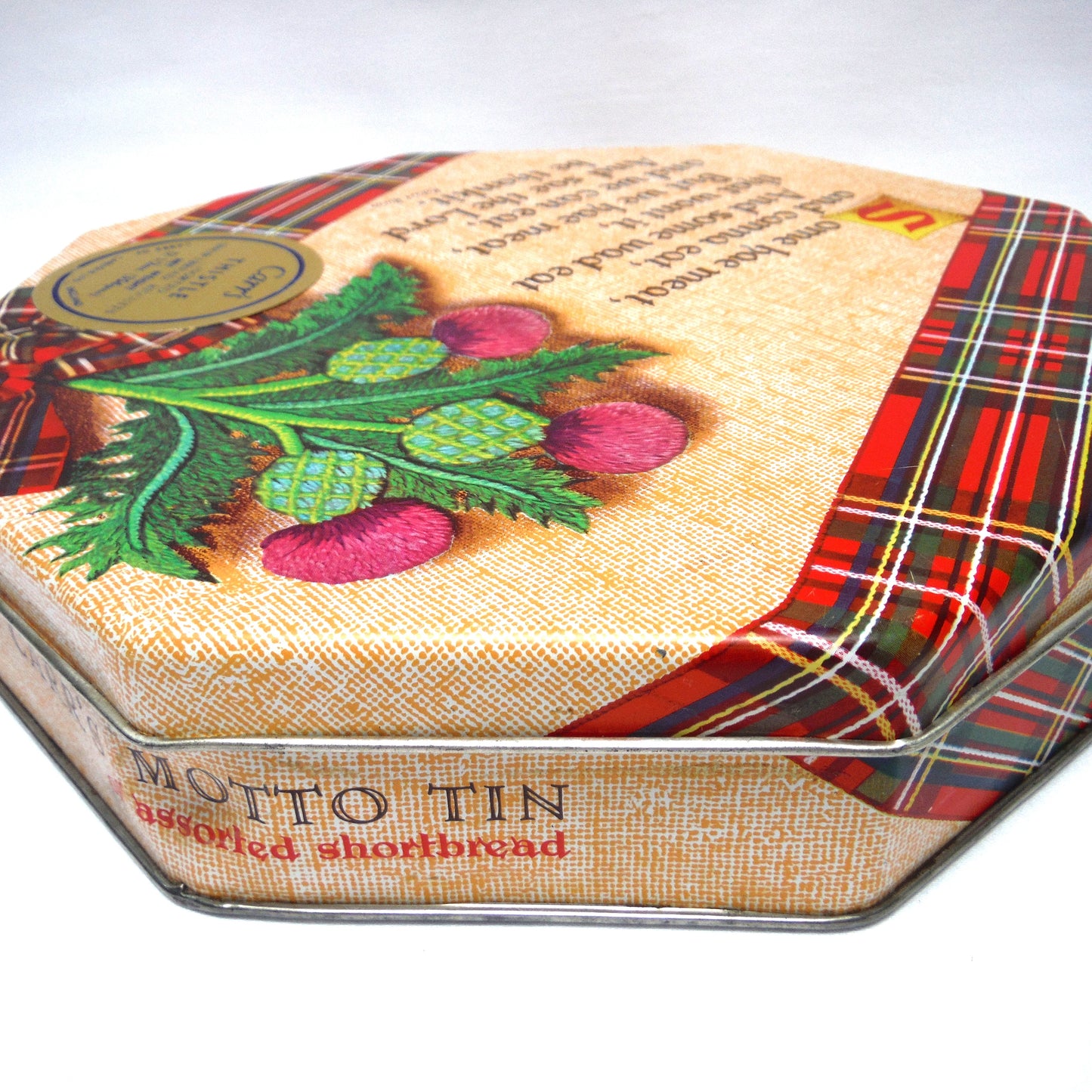 CARR'S THISTLE SHORTBREAD BISCUIT TIN, with Robert Burns Poem "Some hae meat and canna eat..."
