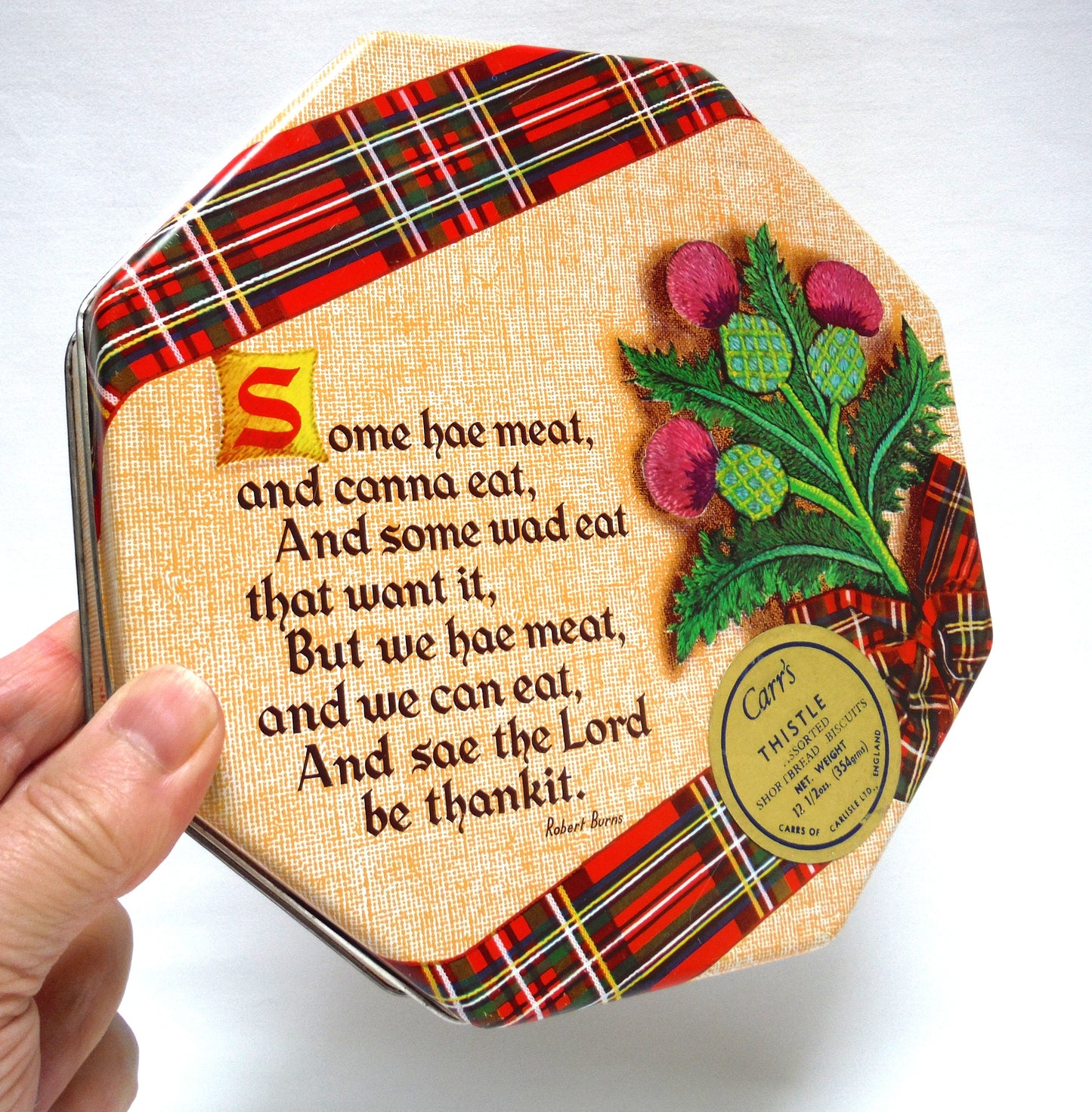 CARR'S THISTLE SHORTBREAD BISCUIT TIN, with Robert Burns Poem "Some hae meat and canna eat..."