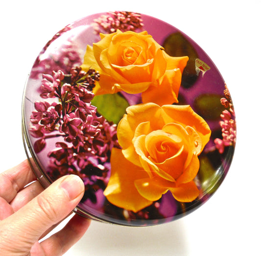 VINTAGE LARGE ROUND LILAC & YELLOW ROSE BISCUIT TIN, by Huntley & Palmers of London, England