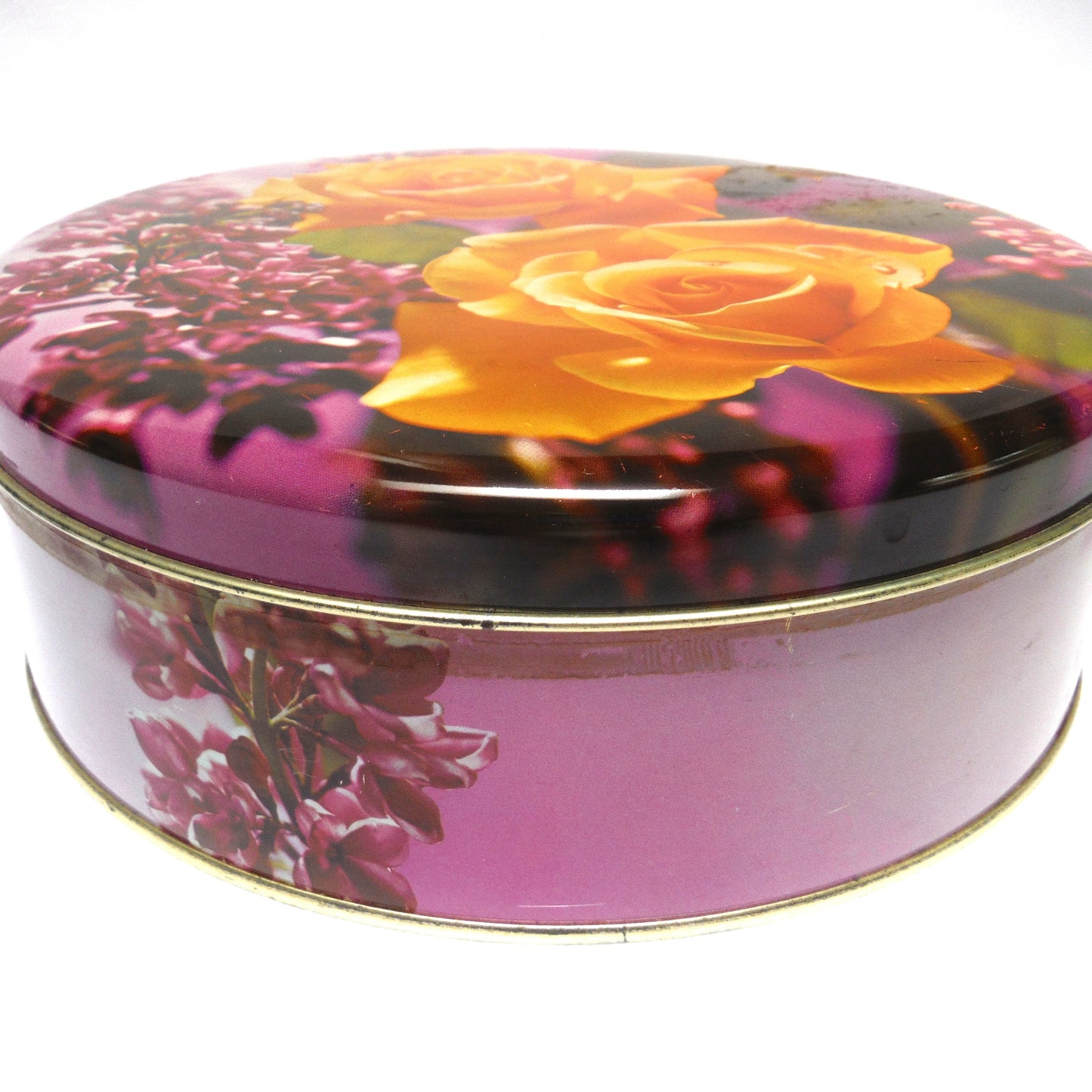 VINTAGE LARGE ROUND LILAC & YELLOW ROSE BISCUIT TIN, by Huntley & Palmers of London, England