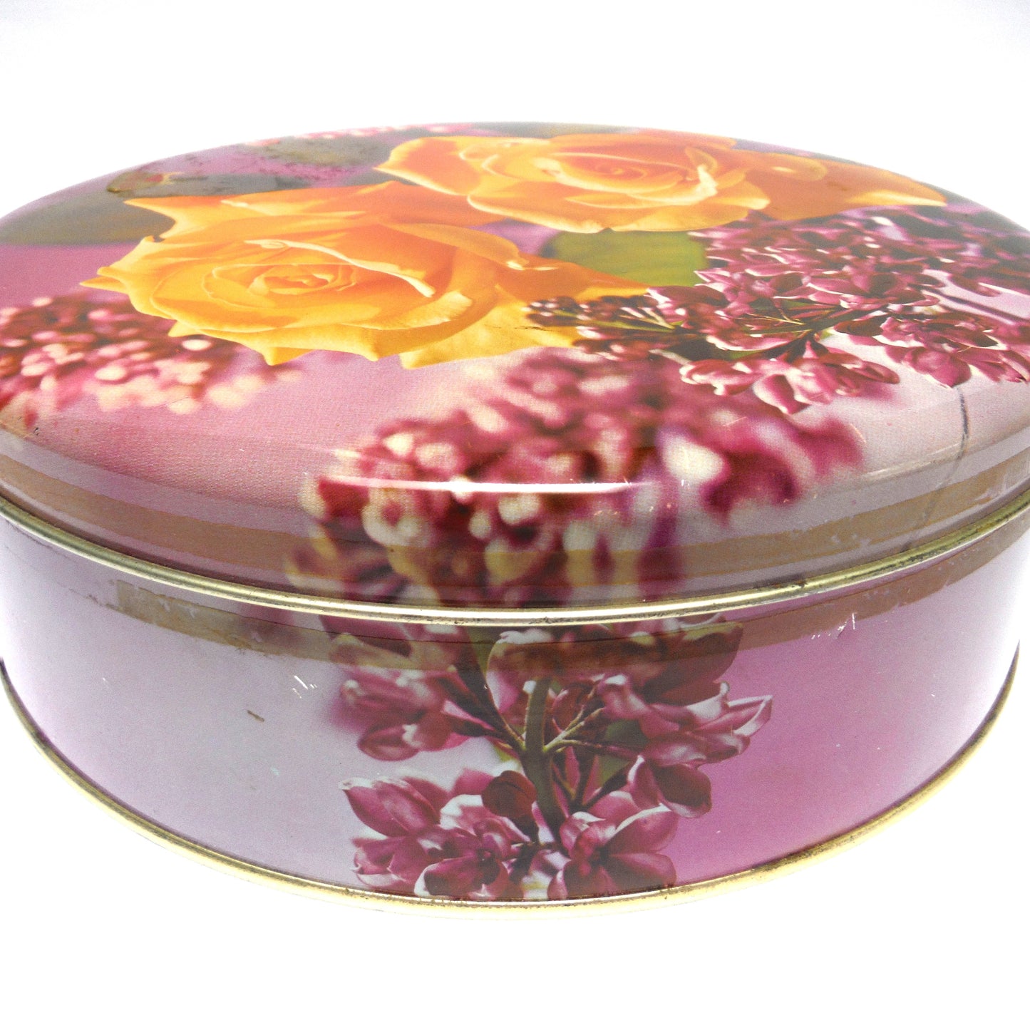 VINTAGE LARGE ROUND LILAC & YELLOW ROSE BISCUIT TIN, by Huntley & Palmers of London, England