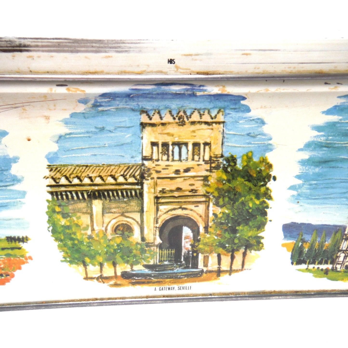 Antique Tin Can Rectangular Container with Removable Lid: 'NINE WORLD SCENES'