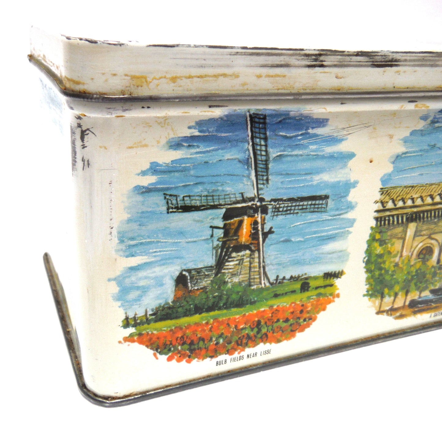 Antique Tin Can Rectangular Container with Removable Lid: 'NINE WORLD SCENES'