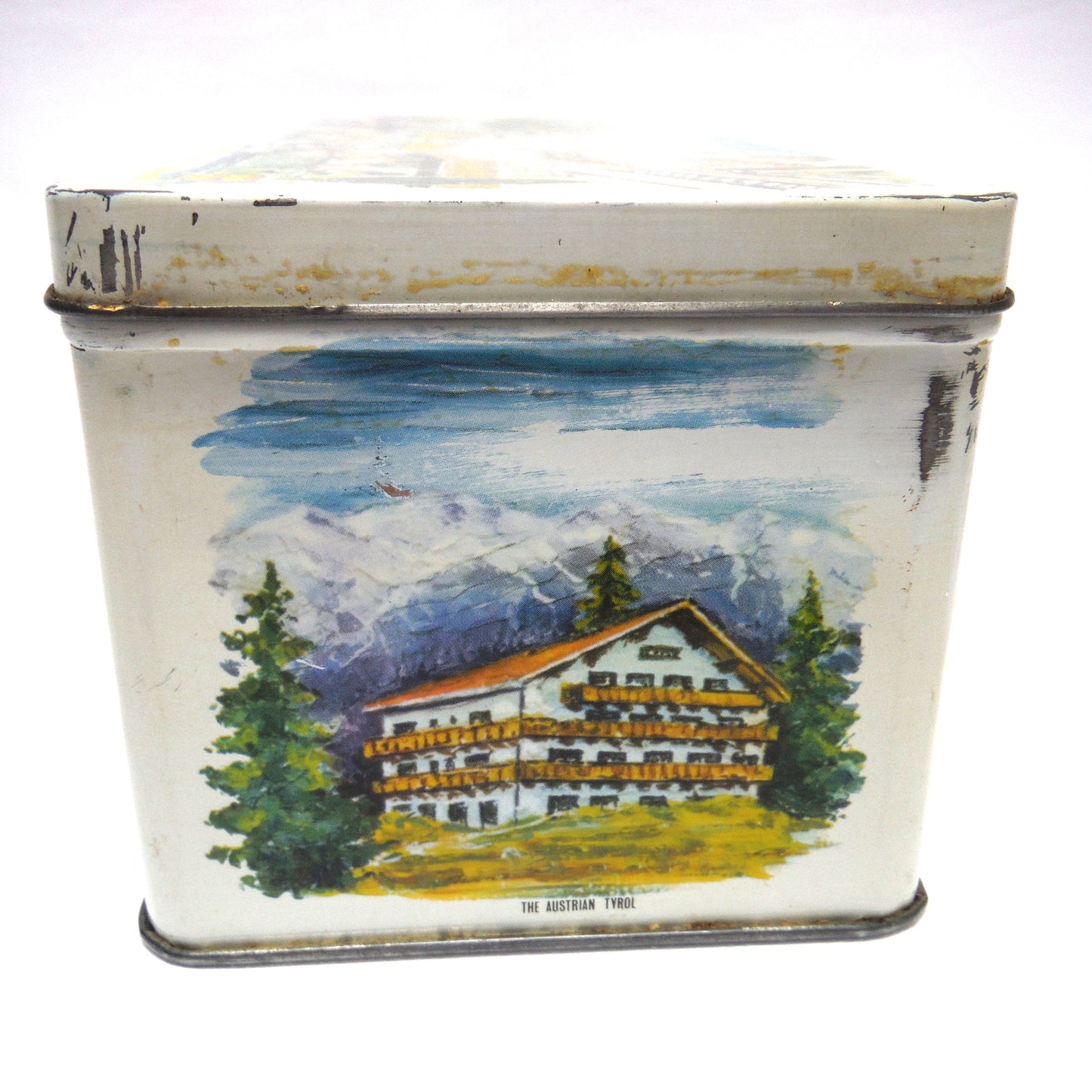 Antique Tin Can Rectangular Container with Removable Lid: 'NINE WORLD SCENES'