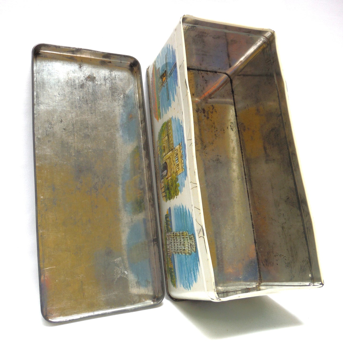 Antique Tin Can Rectangular Container with Removable Lid: 'NINE WORLD SCENES'