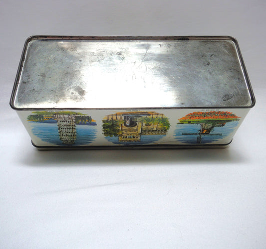 Antique Tin Can Rectangular Container with Removable Lid: 'NINE WORLD SCENES'