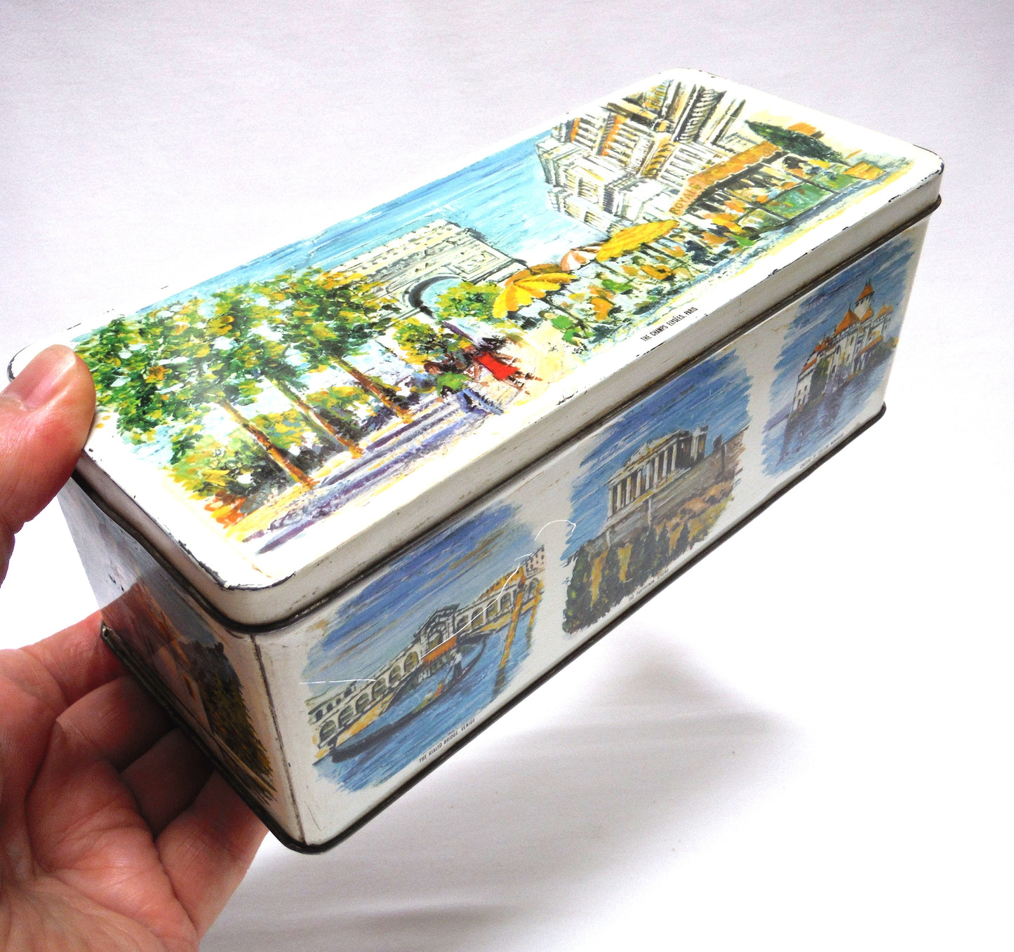 Antique Tin Can Rectangular Container with Removable Lid: 'NINE WORLD SCENES'