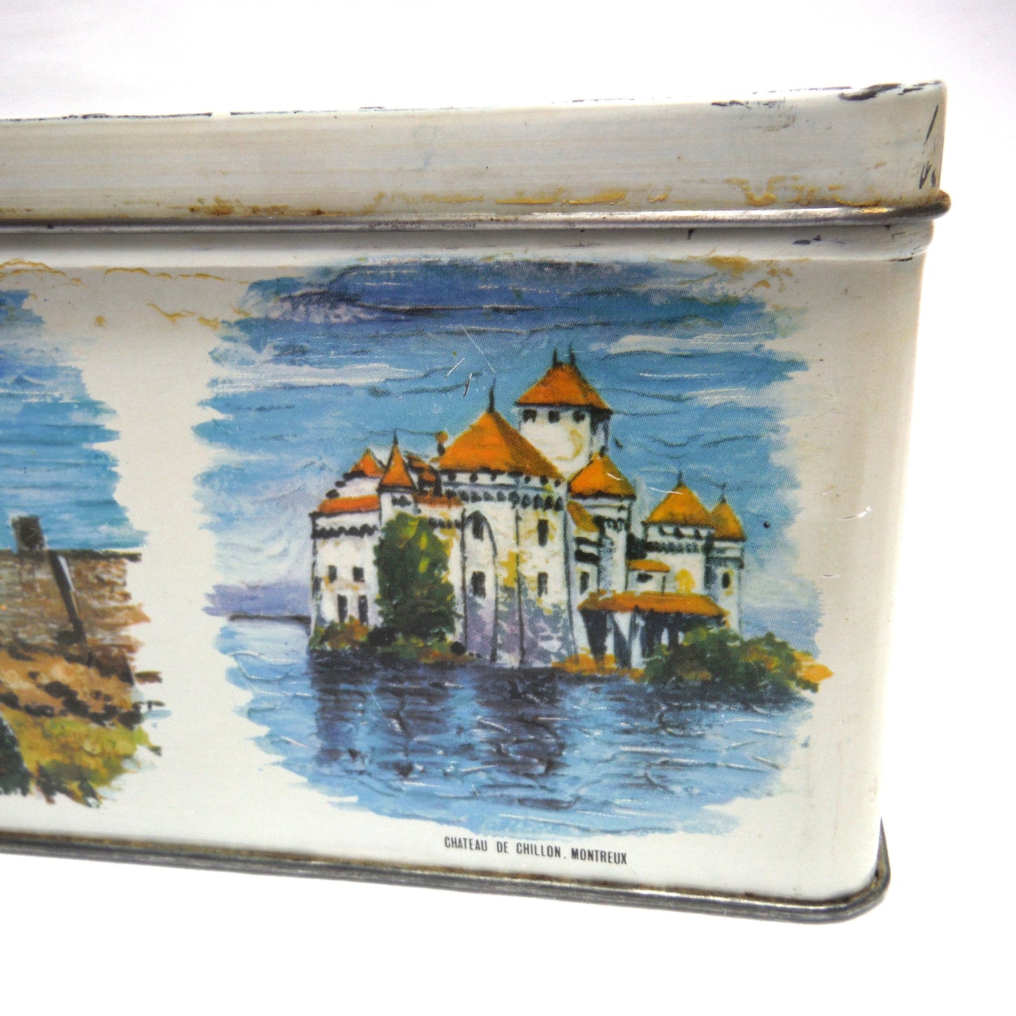 Antique Tin Can Rectangular Container with Removable Lid: 'NINE WORLD SCENES'