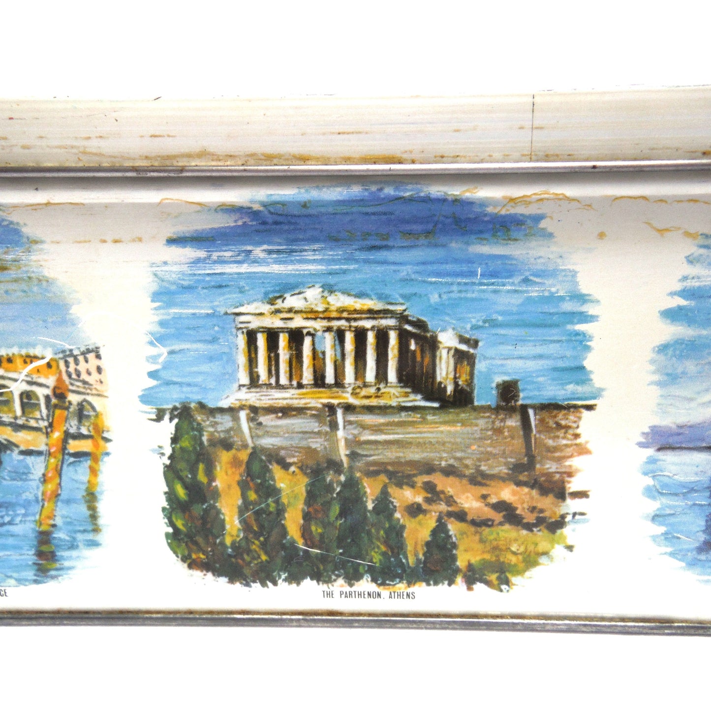 Antique Tin Can Rectangular Container with Removable Lid: 'NINE WORLD SCENES'