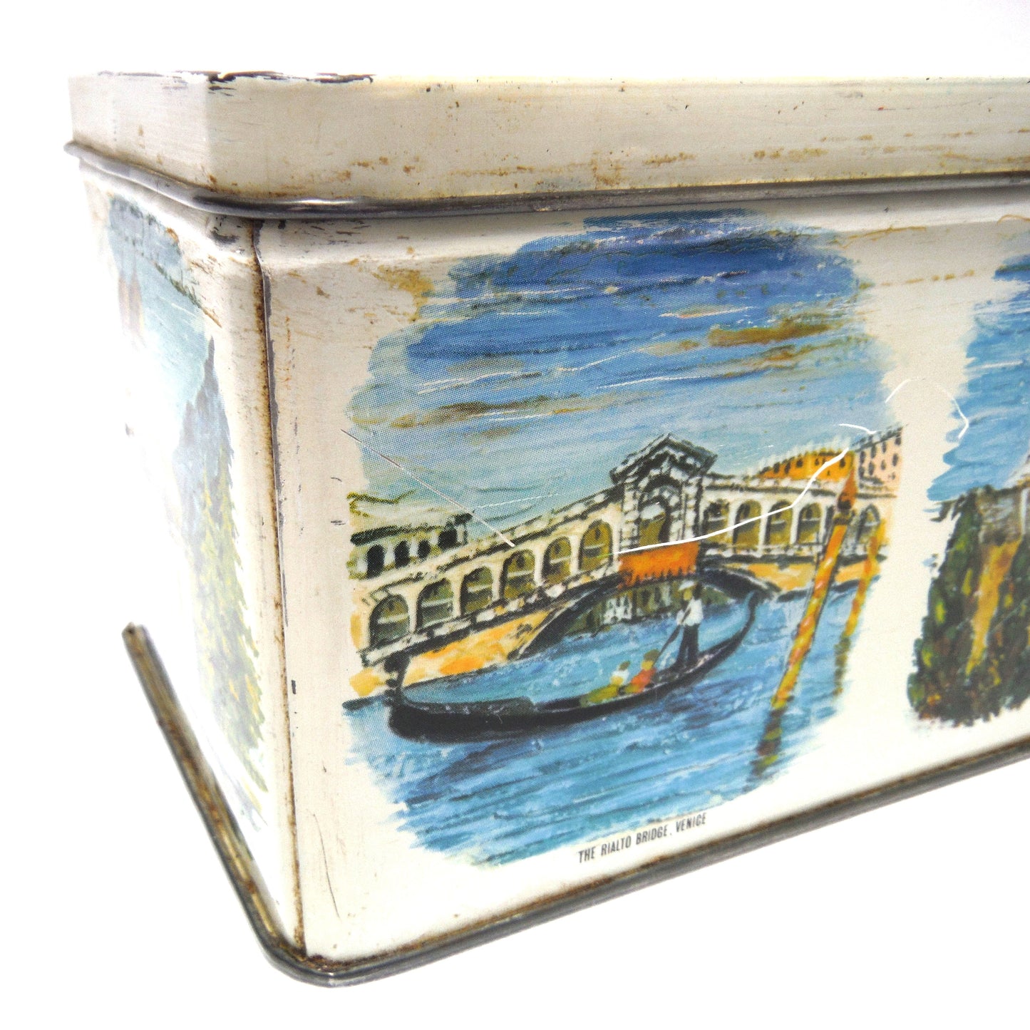 Antique Tin Can Rectangular Container with Removable Lid: 'NINE WORLD SCENES'