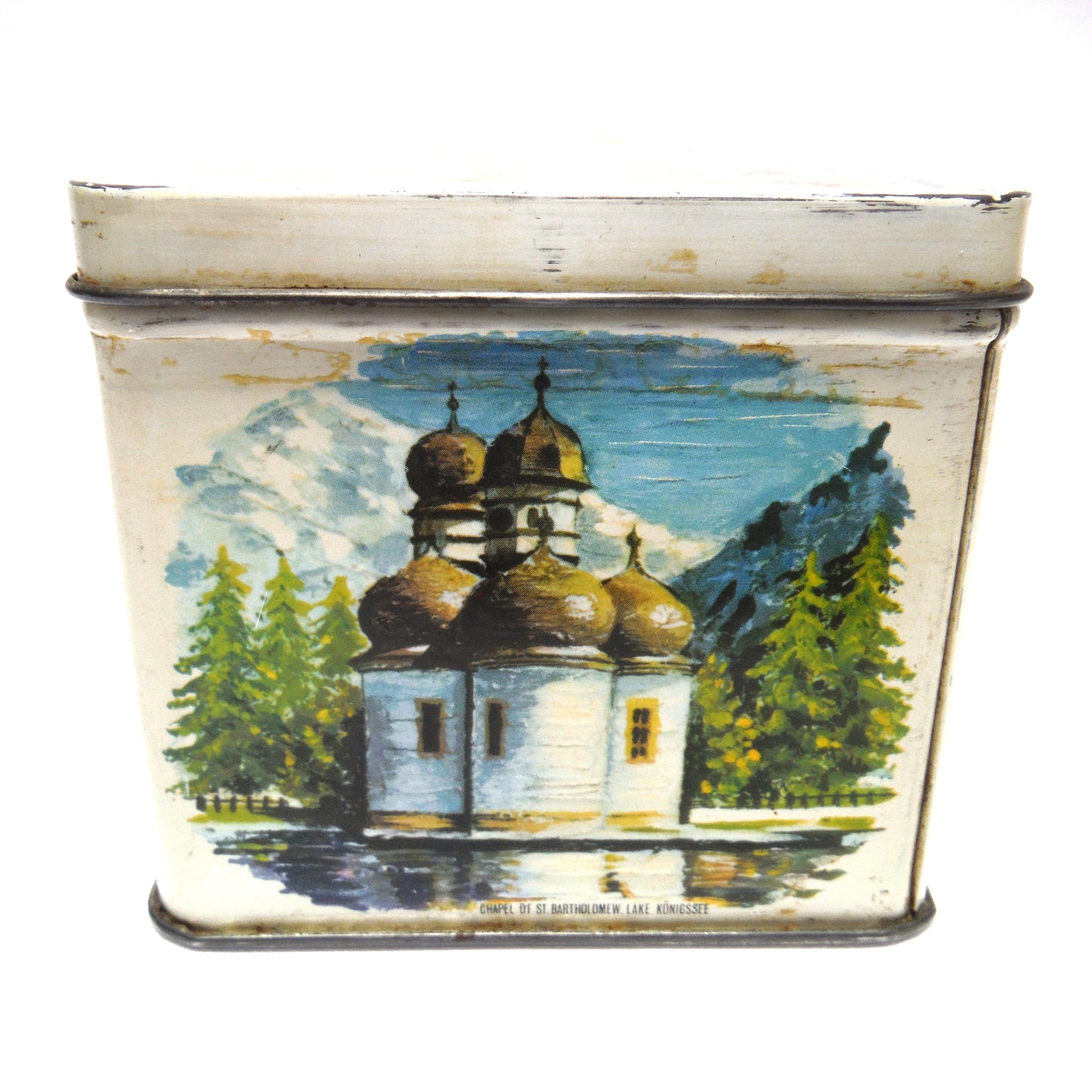 Antique Tin Can Rectangular Container with Removable Lid: 'NINE WORLD SCENES'