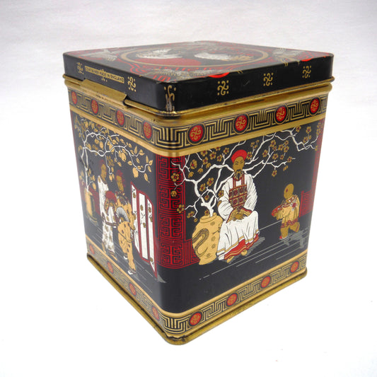 VINTAGE JAPANESE-STYLE SMALL HINGED-LID TEA CADDY TIN, by Bristow's Assorted Toffee of Devon, England.