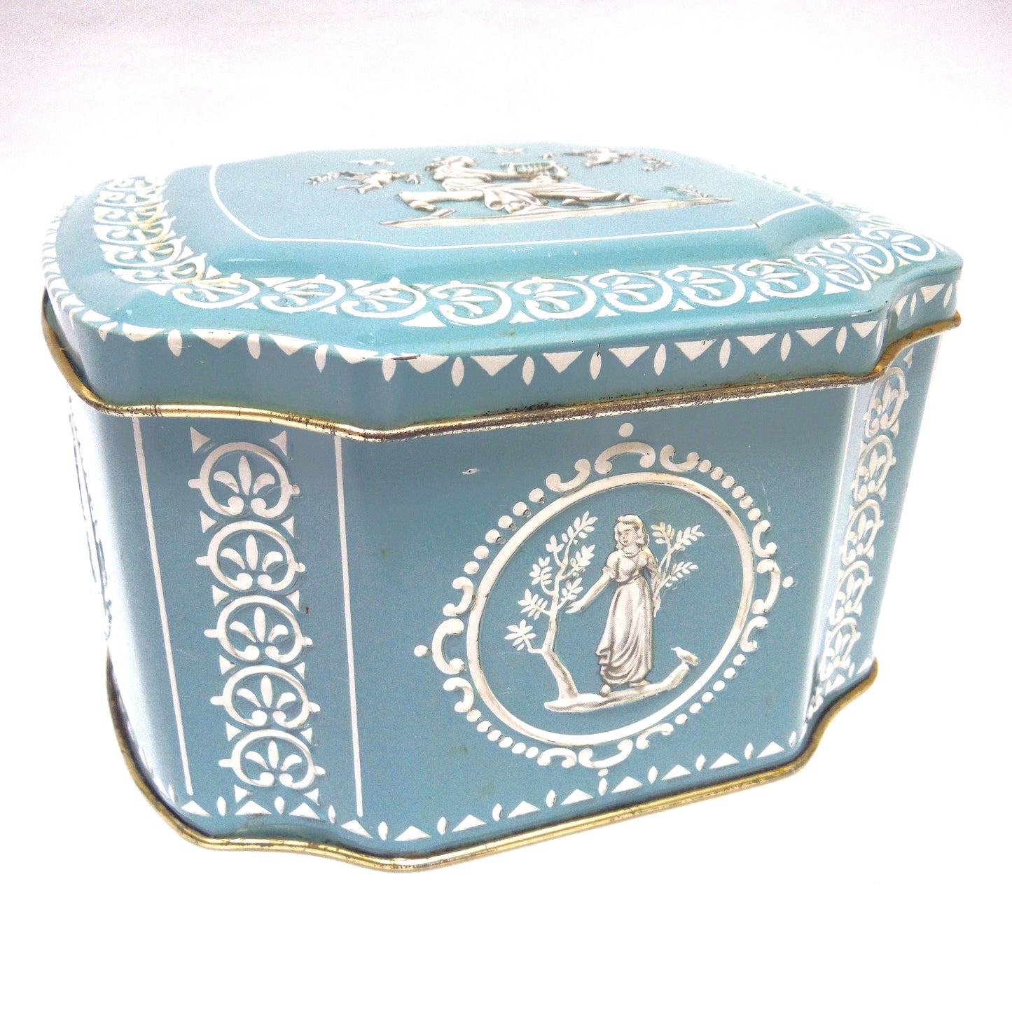 VINTAGE GREEK-STYLE HINGED-LID BABY BLUE TIN CONTAINER: 'Harpist in the Garden with Cherubs'