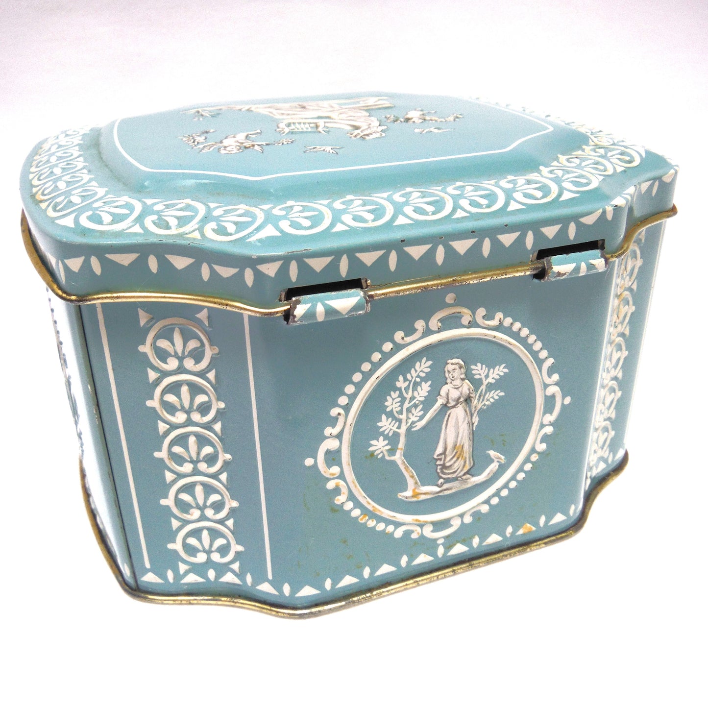 VINTAGE GREEK-STYLE HINGED-LID BABY BLUE TIN CONTAINER: 'Harpist in the Garden with Cherubs'