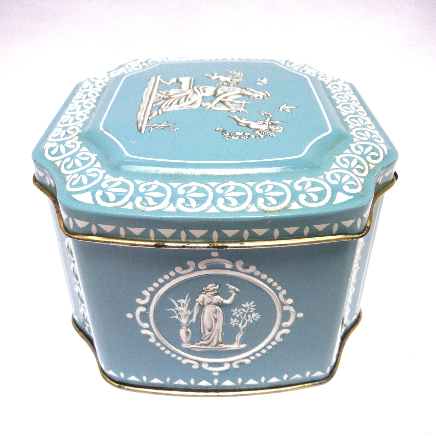 VINTAGE GREEK-STYLE HINGED-LID BABY BLUE TIN CONTAINER: 'Harpist in the Garden with Cherubs'